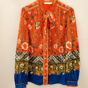 Tory Burch Batik Flower Cotton Long Sleeve Button Down Tie Neck Blouse